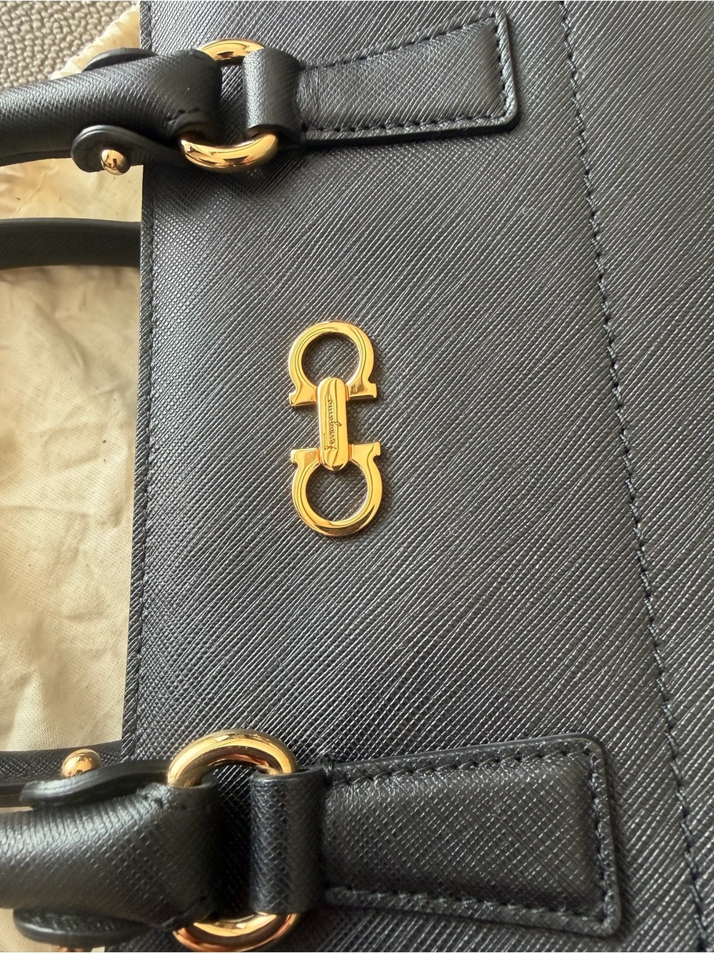 Salvatore Ferragamo Black Leather Satchel with Gold Gancini Hardware - Picture 5 of 13